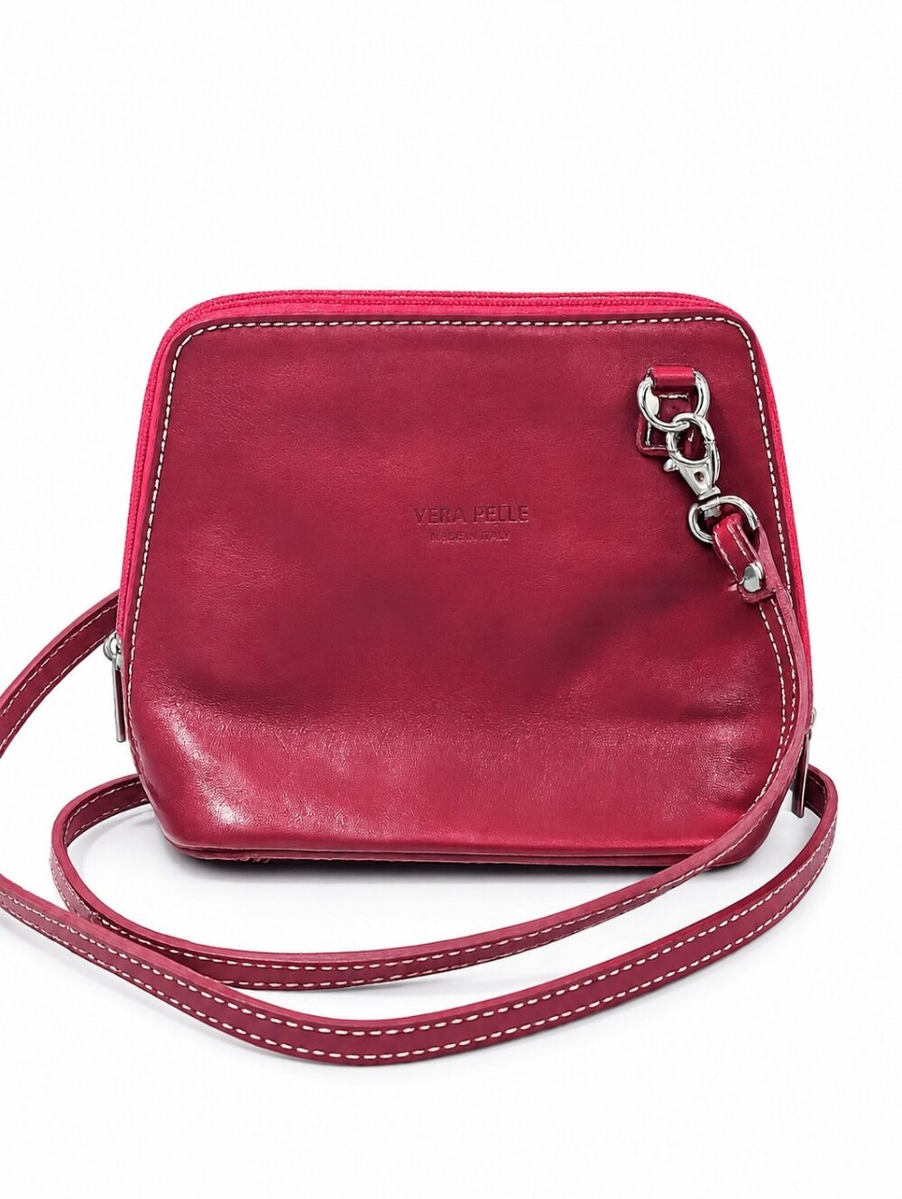 Vera Pelle Italian Leather Crossbody Bag Berry Fuchsia Made in Italy